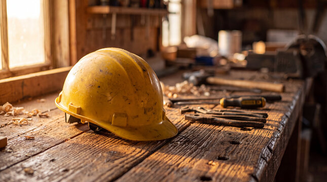 A close-up shot of a dirty, used yellow safety hard hat resting on a wooden workbench in a workshop filled with scattered tools and wood shavings at sunset.