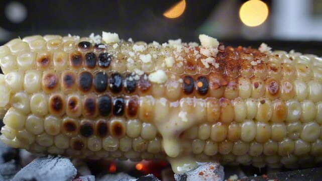 Charcoal-grilled corn cob roasting on hot coals, featuring charred kernels, melting creamy sauce, sprinkled with crumbled cheese and fine chili powder.