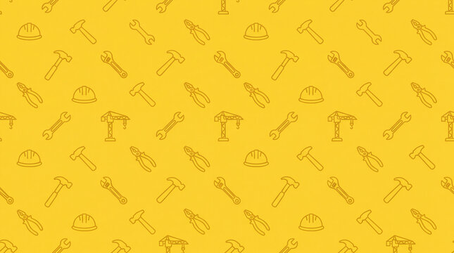 A seamless pattern featuring outlined construction tool icons like hammers, wrenches, pliers, cranes, and safety helmets on a vibrant yellow background.