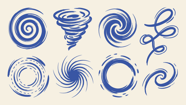 Blue hand drawn spiral and vortex vector icons set with tornado swirl and hurricane symbols for weather and motion design