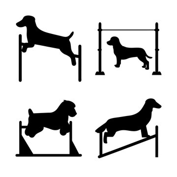 Dogs jumping over agility hurdles and ramp - Black silhouette vector icons of dogs performing agility jumps over hurdles and a ramp for training or competition.