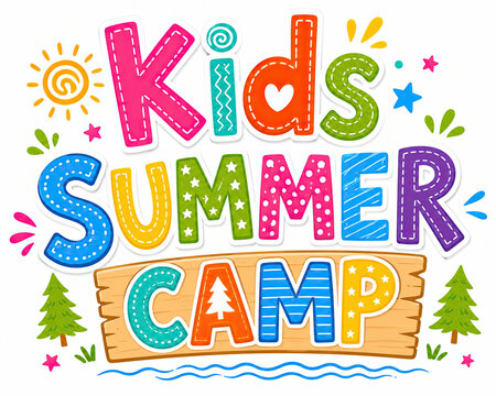 Kids summer camp colorful typography logo design with fun icons