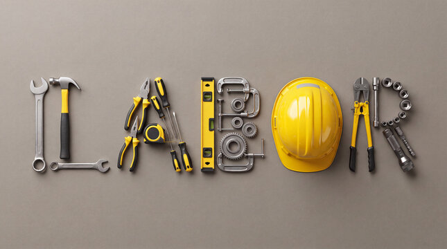 The word LABOR creatively spelled out using various construction tools, equipment, and a yellow hard hat on a neutral gray background. Concept for Labor Day.