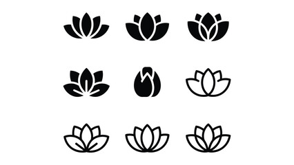 Set of lotus flower icons in various styles displaying different formations and shapes perfect for nature themes or floral design projects © NK Arts