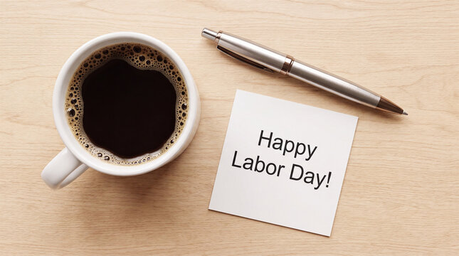 A white sticky note with the text Happy Labor Day, placed on a wooden desk next to a cup of black coffee and a metal pen.