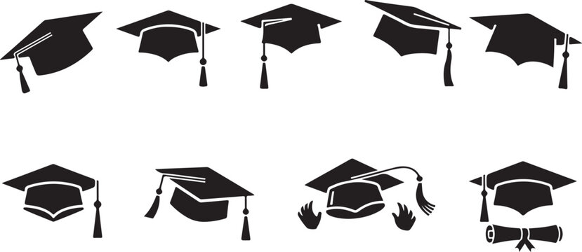 Graduation cap icons, 9 black academic mortarboard vector set