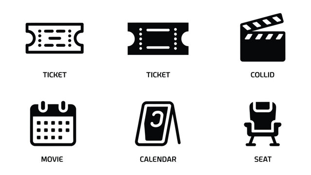 Set of entertainment icons including tickets a movie clapper calendar and a seat symbolizing the film industry