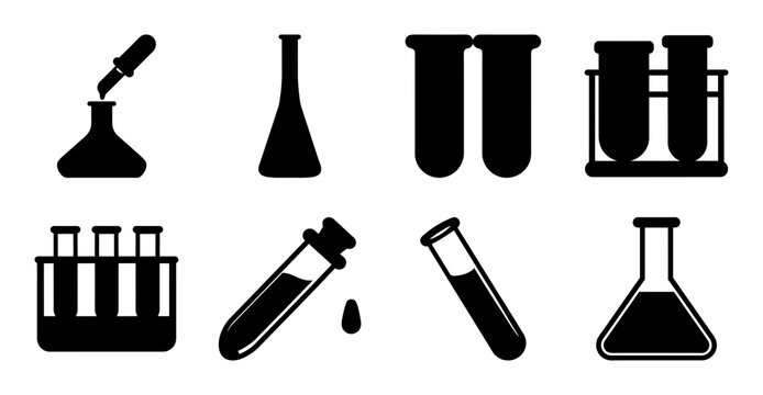 Black and white laboratory glassware icon set - Simple black and white icons of common lab tools like beakers, flasks, test tubes, and pipettes for scientific or medical use.