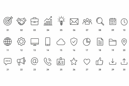 Set of simple black line icons for business and digital interface
