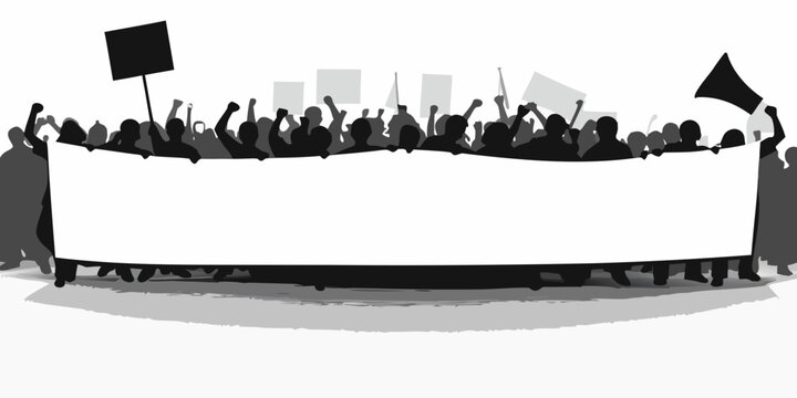 Protest banner illustration with crowd silhouette against a white background