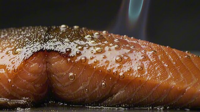 Miso-glazed salmon fillet being seared by a blowtorch, glaze bubbling and caramelizing to a glossy amber shine with a slow lateral slide and micro push-in.