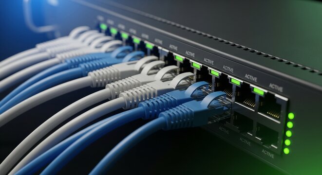 Close-up of a network with many blue and white ethernet cables plugged into active ports