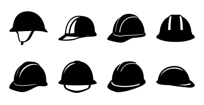 Black safety helmets and hard hats collection - Nine stylish black protective helmets and hard hats in a clean, modern vector design for workplace or construction use.