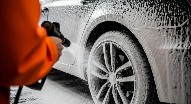 Close-up of a person in an orange jacket washing a car with a pressure washer, covered in foam