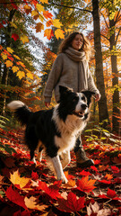Obraz premium Eine sportliche Frau spaziert mit ihrem Border Collie durch einen herbstlichen Wald voller bunter Blätter. Die warme Herbststimmung und die Bewegung des Hundes stehen im Mittelpunkt.KI Generiert