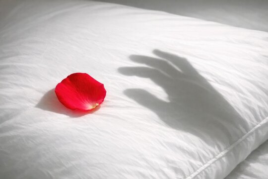A person's shadow falls across a pillow, accompanied by a single flower