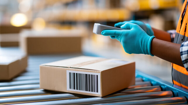 Faceless worker scanning a parcel barcode in a warehouse, e-commerce shipping and dropshipping delivery concept, with copy space