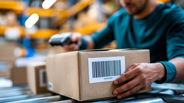 Faceless worker scanning a parcel barcode in a warehouse, e-commerce shipping and dropshipping delivery concept, with copy space