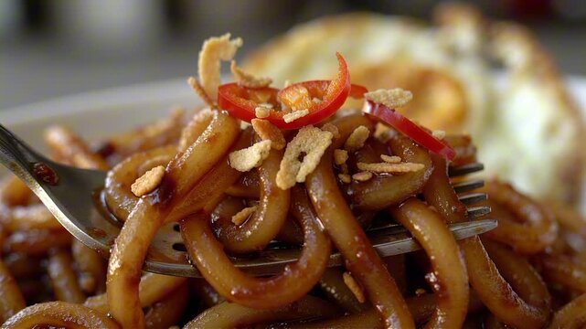 Mie goreng on a fork with curly noodles in shiny dark sauce, topped with fried shallots and red chili slices, against a blurred fried egg background.