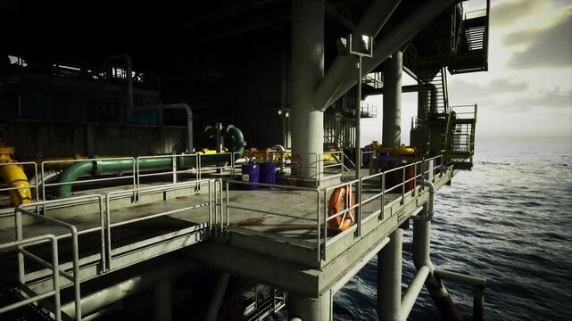 Metal walkway on offshore oil installation under sunset lighting. Maintenanceready industrial dock featuring safety devices and ocean background