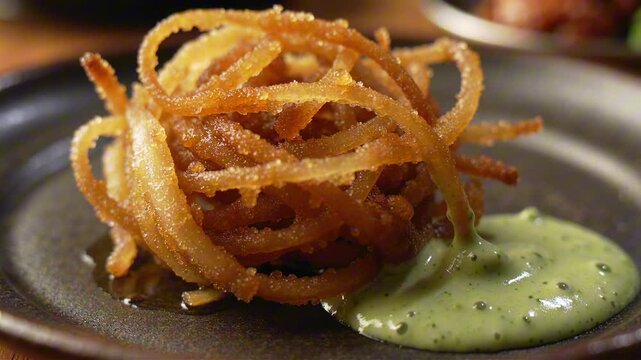 Crispy onion bhaji with tangled battered strands, served alongside a glossy pool of green mint chutney on a dark plate.