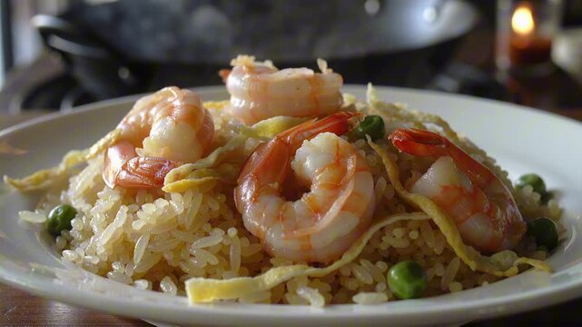 Shrimp fried rice on a white plate, featuring glossy separate rice grains, curled orange-edged shrimp, thin egg ribbons, and green peas scattered throughout in sharp detail.