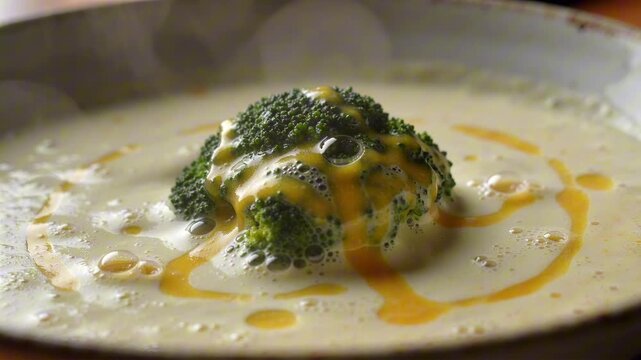 Creamy cheddar broccoli soup featuring a floret breaking the surface, coated in a glossy cheese layer with melted cheddar streaks and tiny bubbles in stunning macro detail.