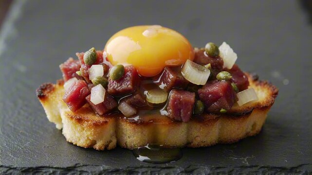 Beef tartare on toasted crostini macro. Chopped raw meat glistening with oil, mixed with capers and shallots, topped with a glossy golden quail egg yolk.