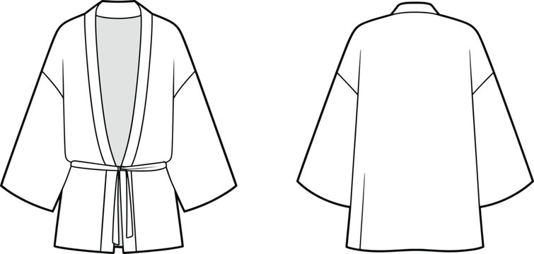 Technical flat sketch of open front kimono cardigan with tie belt front and back views
