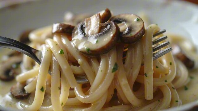 Buttered noodles and mushroom stroganoff twisted on a fork, featuring sliced mushrooms with dark edges and a glossy creamy sauce in sharp detail.