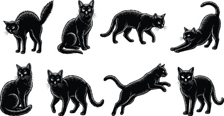 Obraz premium Vintage Black Cat Silhouette Collection with Halloween Feline Poses and Retro Engraving Illustrations