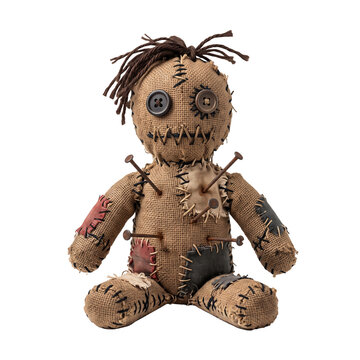 A handmade voodoo doll crafted from burlap with pins, buttons, and patched fabric, isolated on transparent background, for halloween or horror themes.