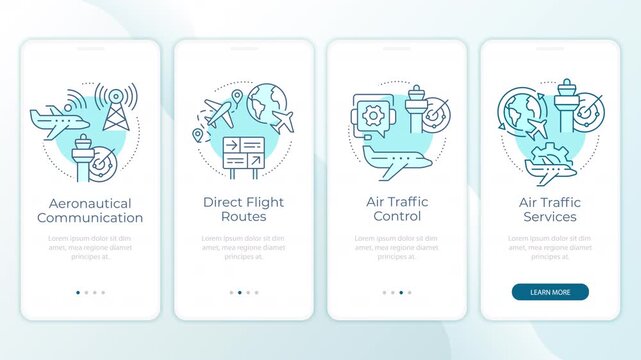 Modern air travel navigation animated onboarding mobile app screens. Aerospace logistics management. UI layout animation with cyan line concept icons. Modern flat interface style motion graphics