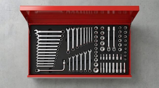 Top view of a professional red metal toolbox organized with various chrome vanadium wrenches and socket tools