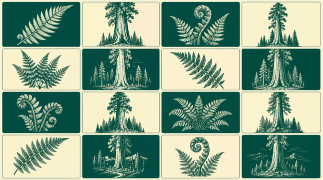 Vintage botanical illustrations of ferns and redwood trees in a repeating tile pattern.