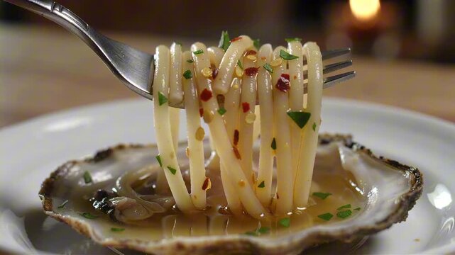 Linguine on a fork lifting from an open clam shell pooled with briny juice. The glossy noodles are coated in olive oil, spicy chili flakes, and fresh parsley specks.