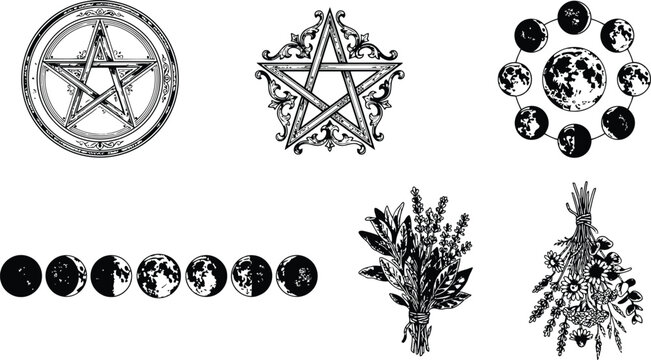 Mystical celestial moon phases surrounding a pentagram with botanical elements for esoteric design