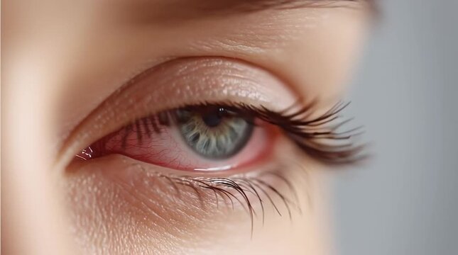 Extreme close-up of a human eye with visible redness and irritation. Blinking eye showing allergy, dryness or infection symptoms in detailed macro motion.