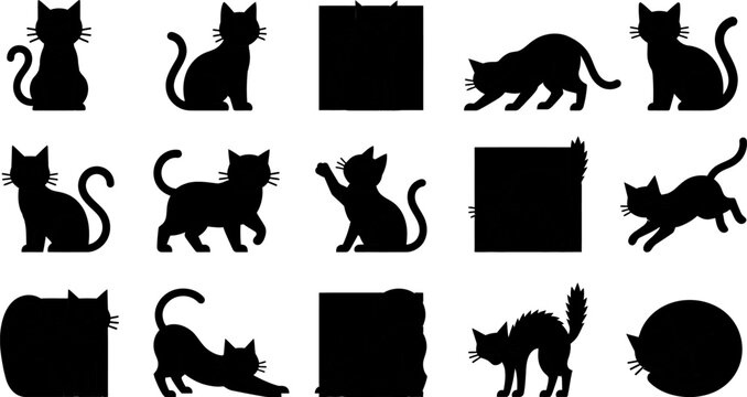 Collection of various black cat poses in a distinct artistic and expressive feline silhouette