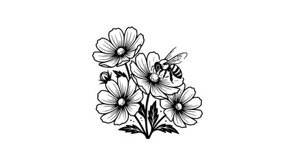 Black and white line art illustration of a honey bee gathering nectar from cosmos flowers © Bos