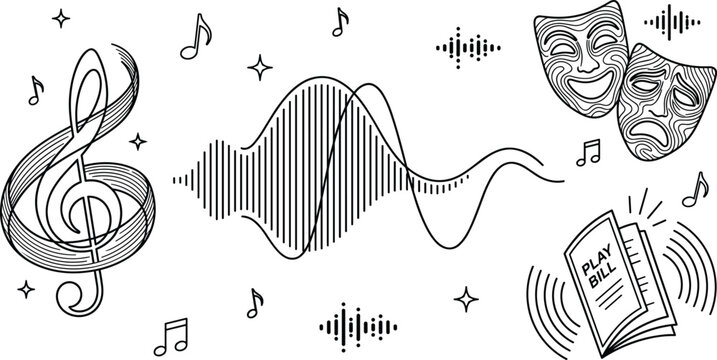 Theatre and Music Outline Vector Set with Clef Sound Waves Drama Masks and Playbill for Entertainment and Broadway Graphic Designs