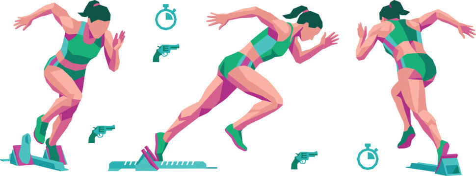 Female sprinter starting block sequence set low poly geometric vector illustration for sports graphics