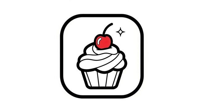 Simple cupcake icon with cherry and swirl frosting, minimalist design on white