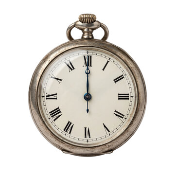 An antique silver pocket watch displaying roman numerals on its face, with hands set to exactly twelve o&rsquo;clock, isolated on transparent background.
