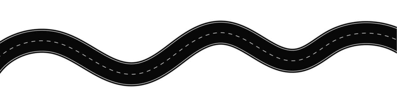 Wavy winding curves roads and horizontal path. Horizontal asphalt road template. Flat vector illustration isolated on transparent background.
