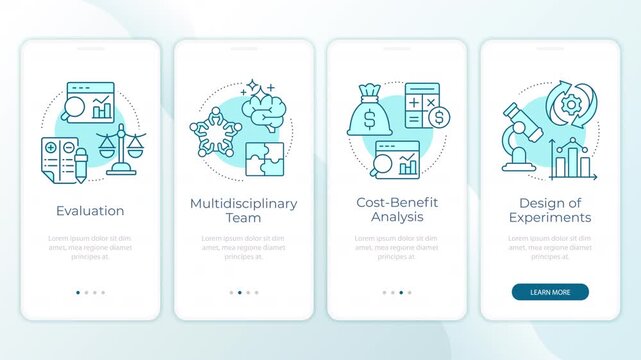 Data driven decision making framework animated onboarding mobile app screens. Strategic optimization. UI layout animation with cyan line concept icons. Modern flat interface style motion graphics
