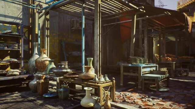 Closeup artisan workstation with glazed vases and pottery tools on bench, intimate studio lighting highlights brush marks and clay textures potter imagined