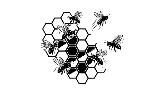 Black and White Honeycomb Pattern with Flying Bees Illustration
