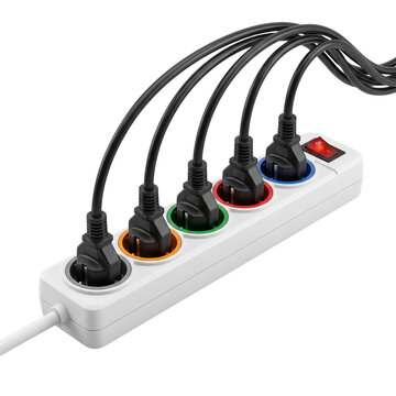 Multiple electrical plugs connected to a power strip with on/off switch