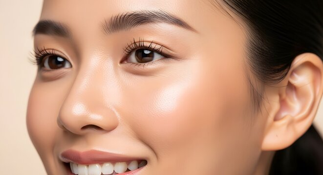 A close-up portrait of a smiling woman displaying her radiant skin and defined features.